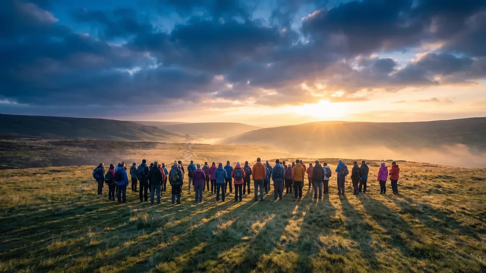 A crowd of people in walking jackets standing together on an open moorland hillside at sunrise, facing the sun over a misty valley, with no building anywhere in sight