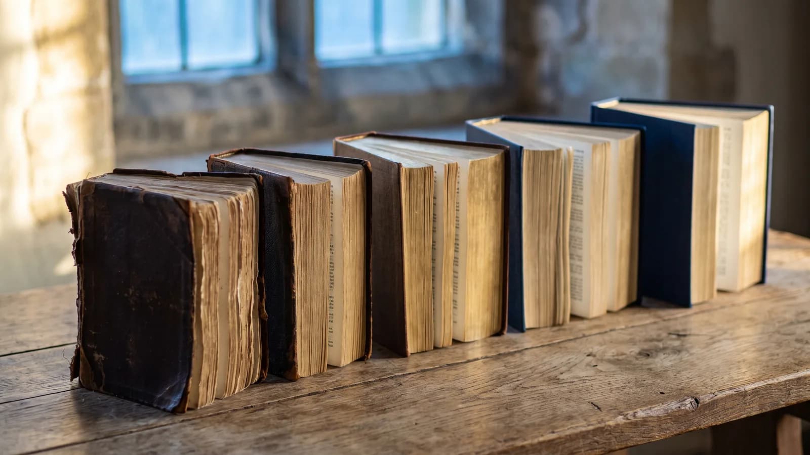 A row of Bibles of different ages standing on a weathered wooden table in morning light, the most worn leather-bound volume at the left and a crisp navy one at the right