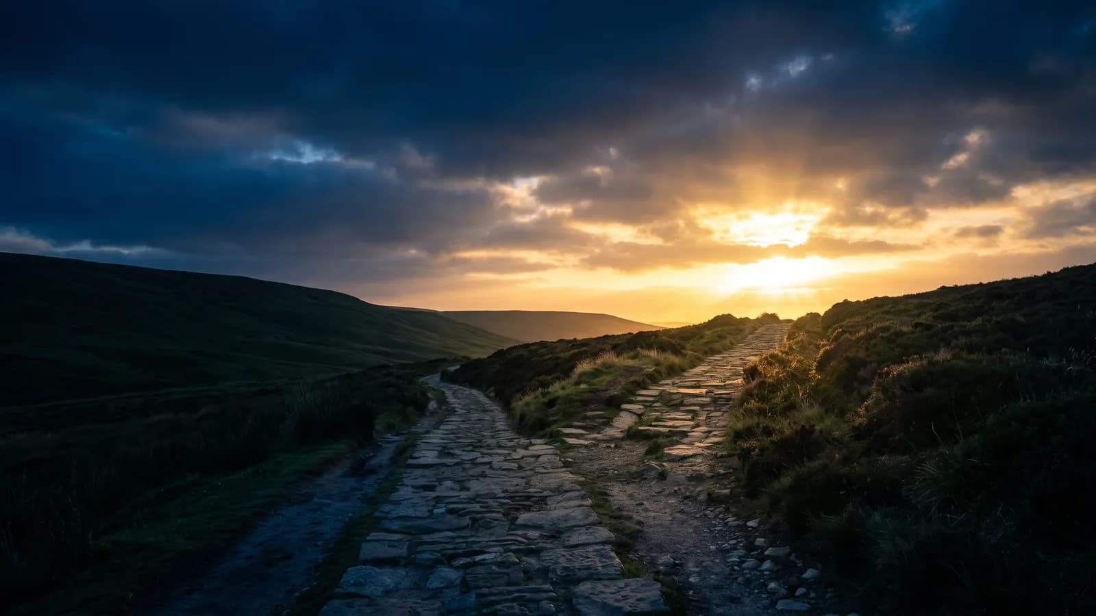A stone path forking into two directions on a hillside at sunrise, golden light breaking through cloud