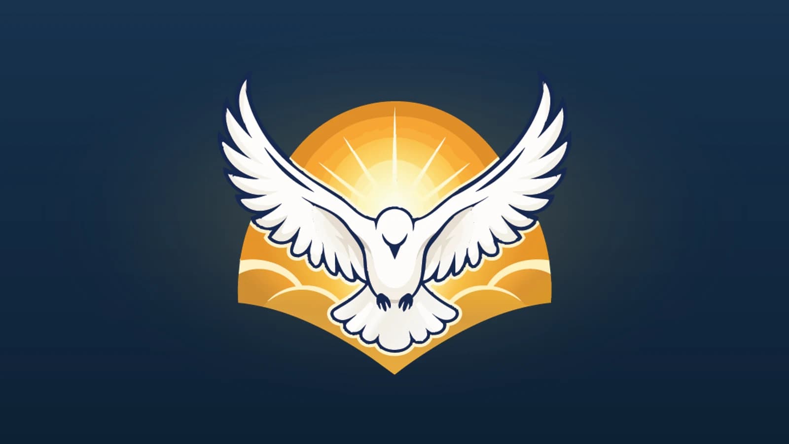 The book's new mark on navy: a white dove descending with wings spread over a golden sunrise