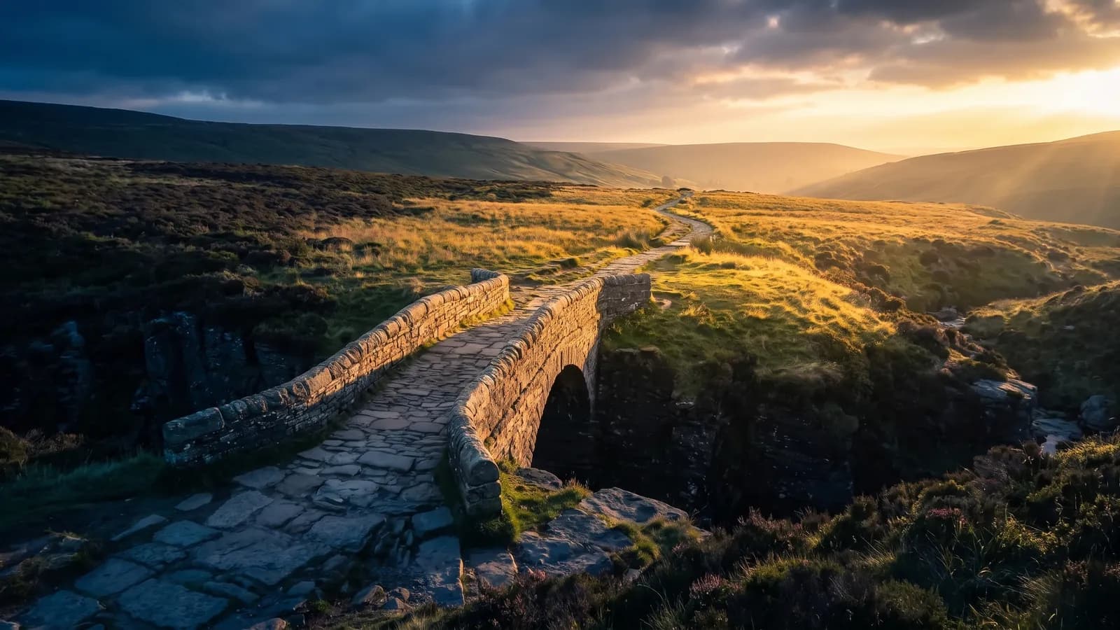 An old stone footbridge over a rocky ravine at sunrise, the path running on past it across the moor toward the light