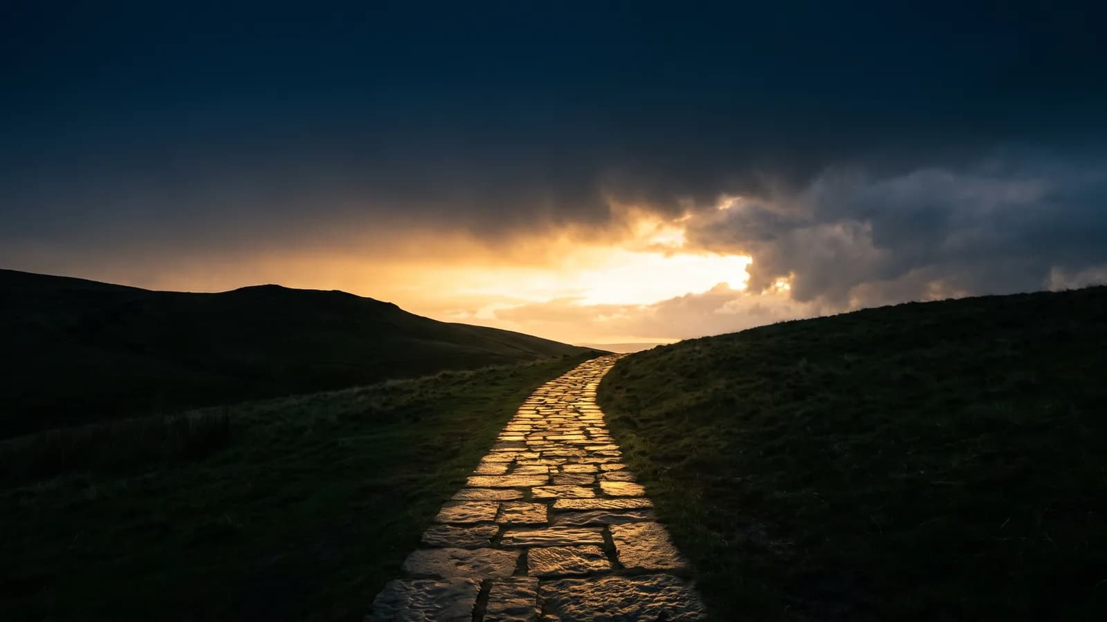 Sunrise light breaking through storm cloud over a mountain path, darkness pulling back from the road