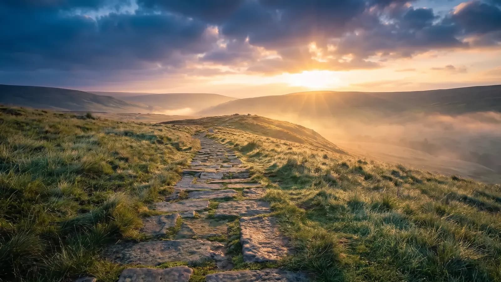 A worn stone footpath climbing a grassy hillside toward a sunlit crest, the sun breaking over the ridge and mist filling the valley