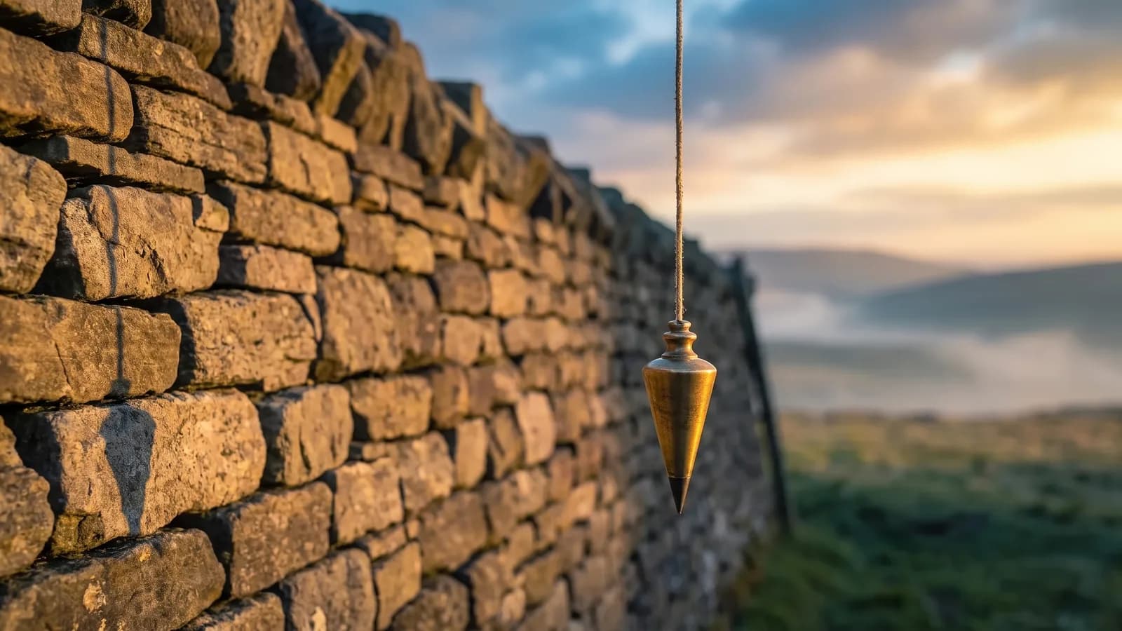A brass plumb bob hanging on a straight cord beside a dry-stone wall at dawn, misty hills and a golden sky beyond